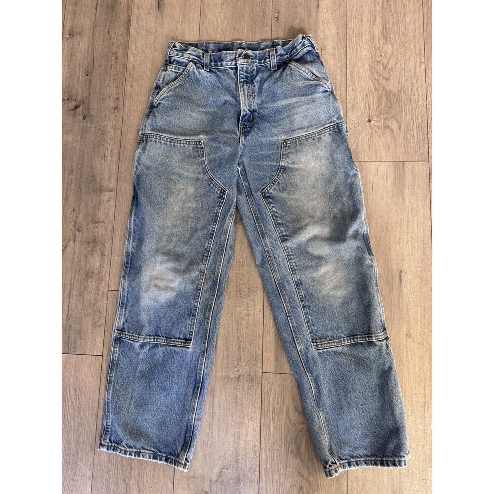 Vintage Carhartt B73 DST 33x30 Double Knee Jeans Faded Distressed Workwear Blue